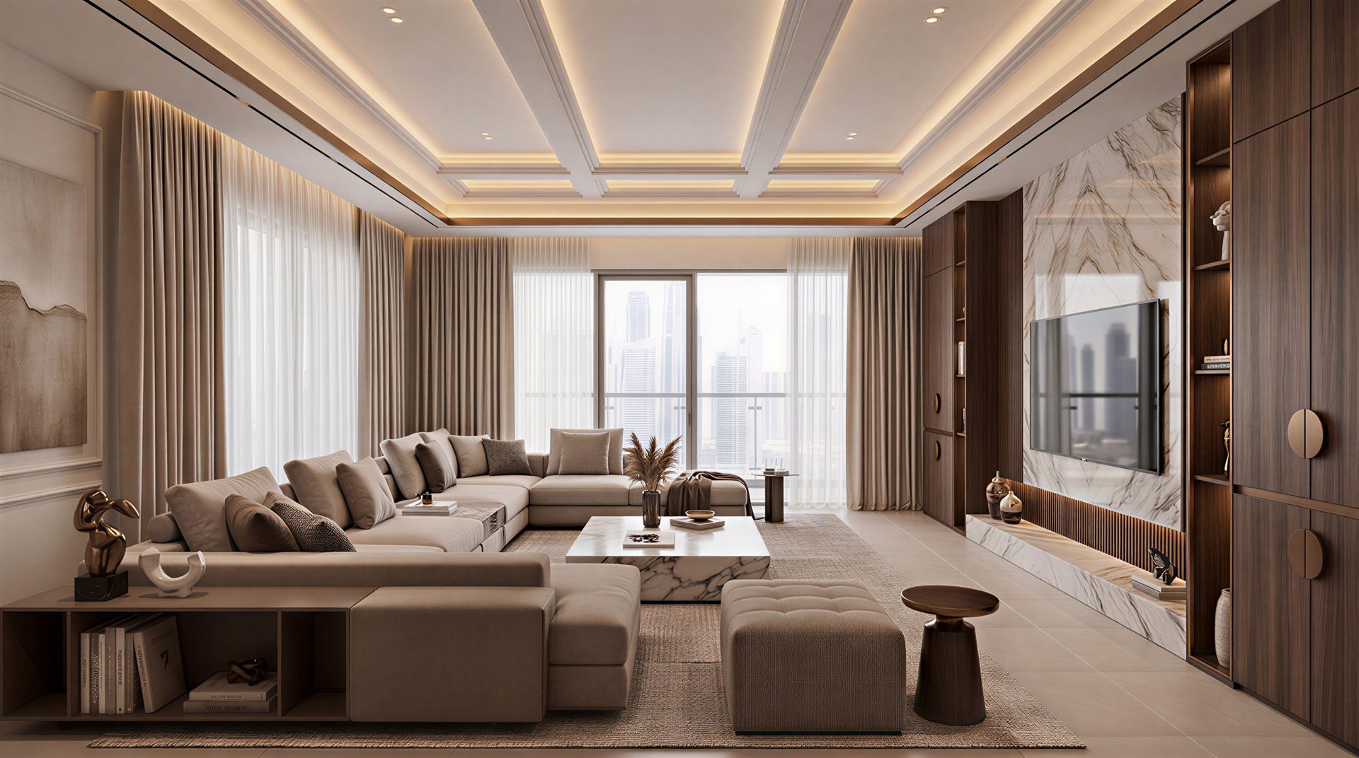 The same room finished as a luxury living space with the Dubai skyline, after PlanetDecore's transformation