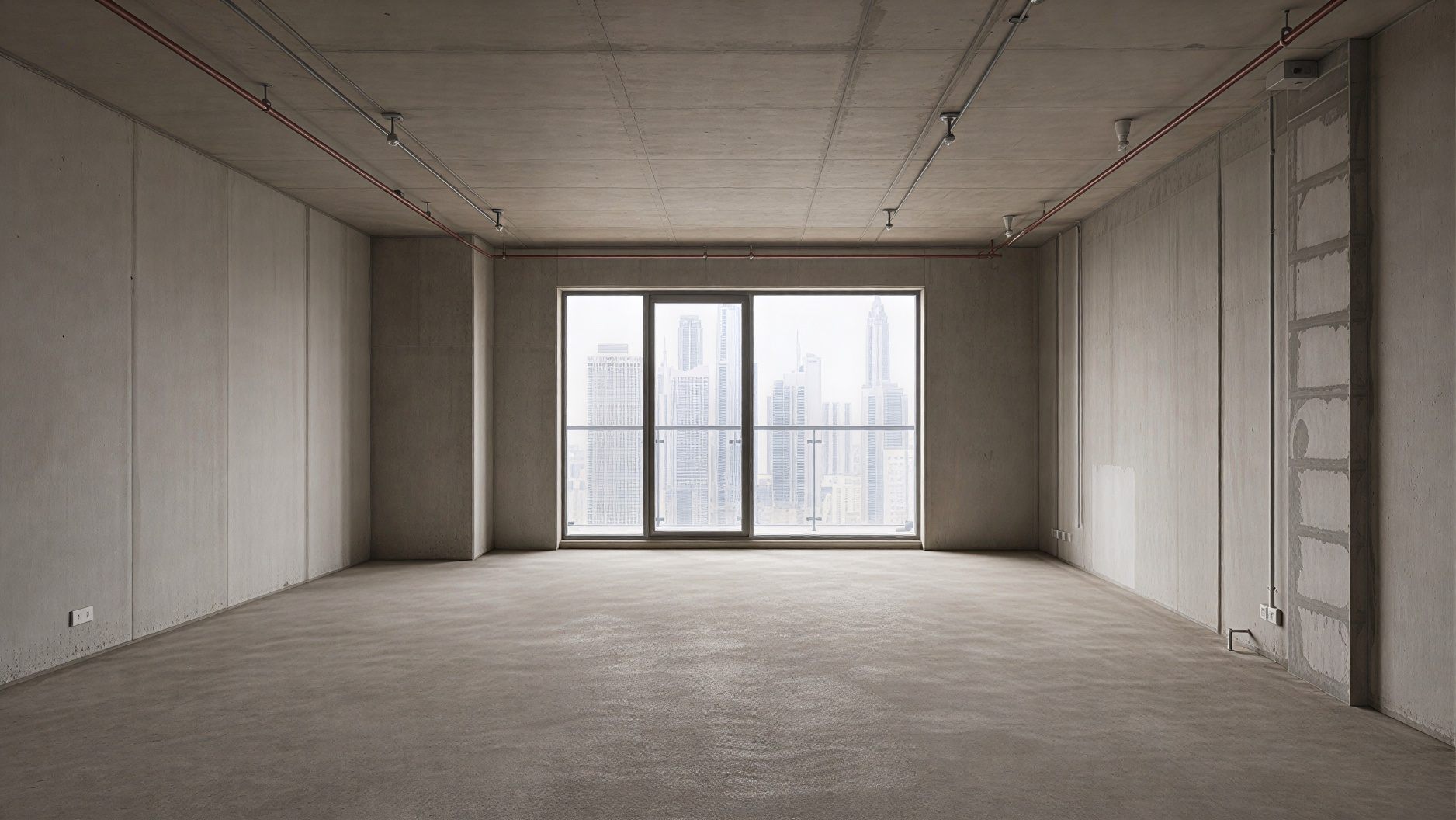 Bare concrete apartment shell with a Dubai skyline view, before PlanetDecore's transformation