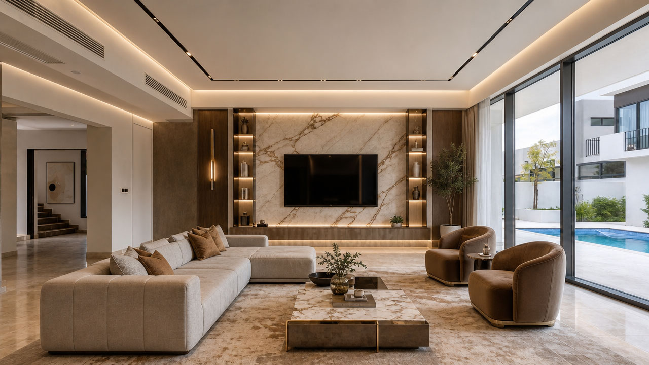 Furnished luxury living room with marble feature wall after PlanetDecore renovation