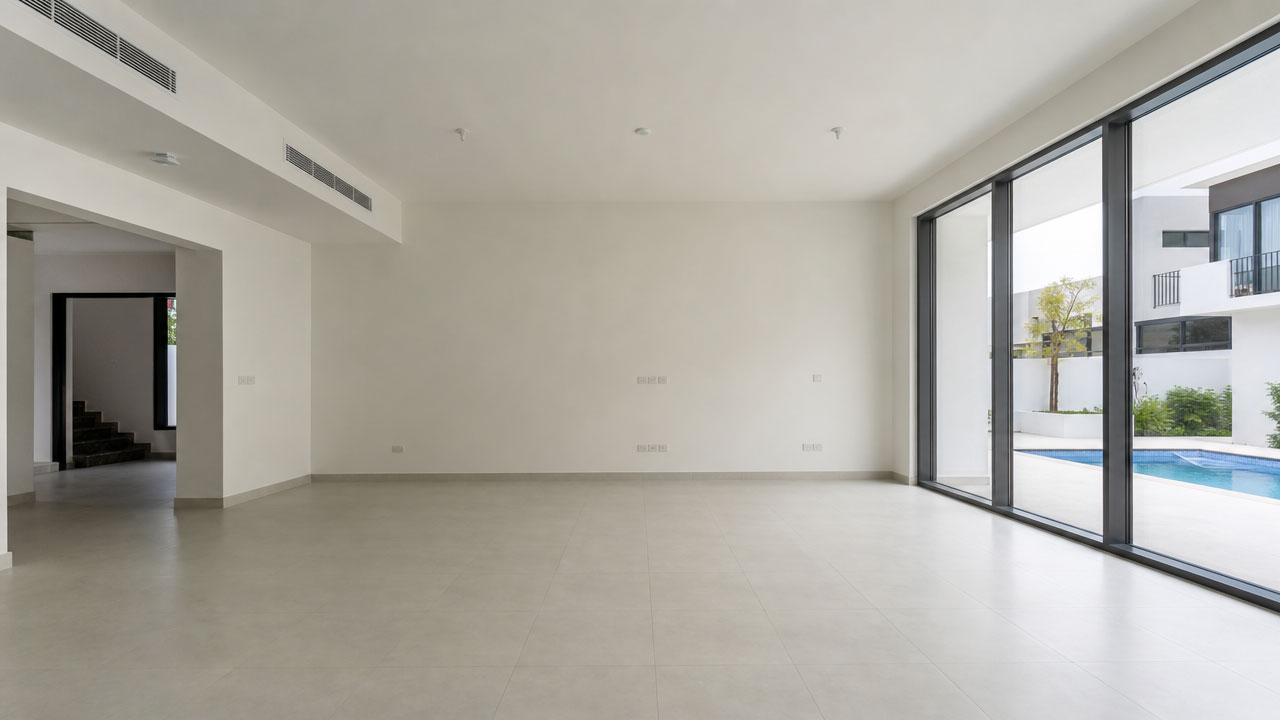 Empty villa living room with pool view before PlanetDecore renovation