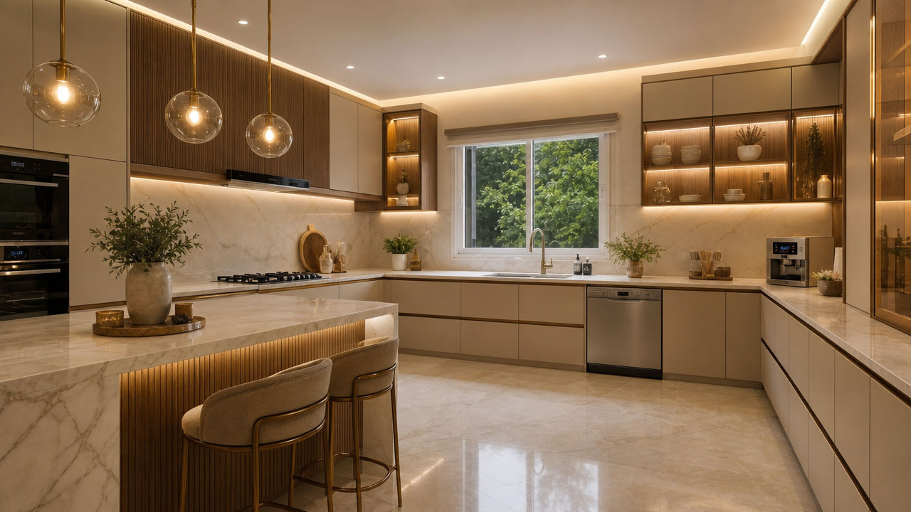 Modern luxury kitchen with marble island after PlanetDecore rebuild
